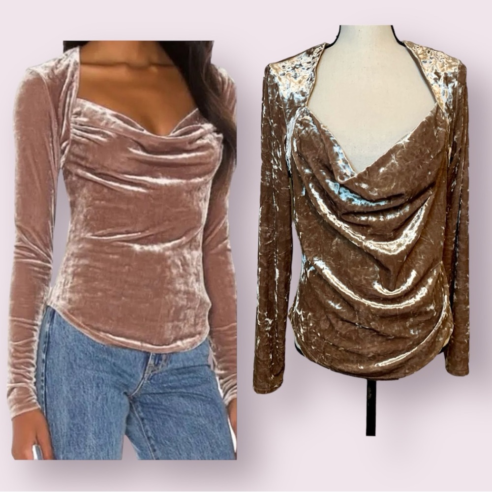 Free People Perfect Date Cowl Neck Velvet Top Dusty Nude Pink Size Large